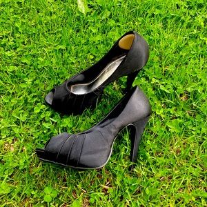 Black satin platform heels